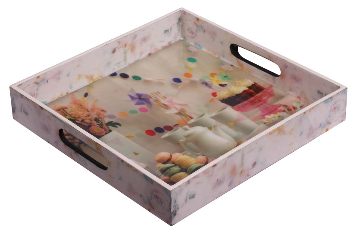 Buy in Bulk Wholesale Serving Tray in MDF - Multicolored - 12” Hand-Crafted Decorative Tray with ‘Dining-Table Display’ Pattern - Classic Serve-Ware/Decor from India